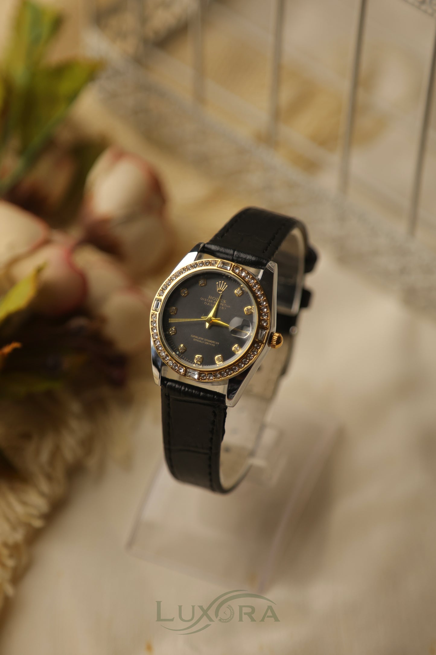 Rol-ex Datejust black leather